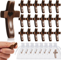12set Pocket Wooden Calming Cross, Stress Relief Fidget Cross with Organza Bags, Religious Comfort Cross for Baptism Church F