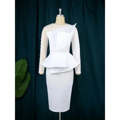 2025 Women White Party Dress Sexy Long Sleeve O Neck Beading Mesh Patchwork Peplum Elegant Event Evening Birthday African Gowns