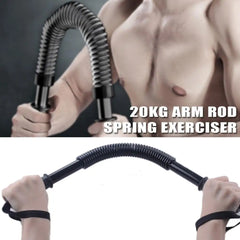 A 20kg spring arm exerciser bar shown in use by a person for upper body strength training.