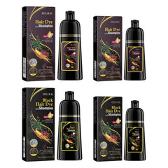 Four bottles of EELHOE black hair dye shampoo with their matching boxes in two sizes.