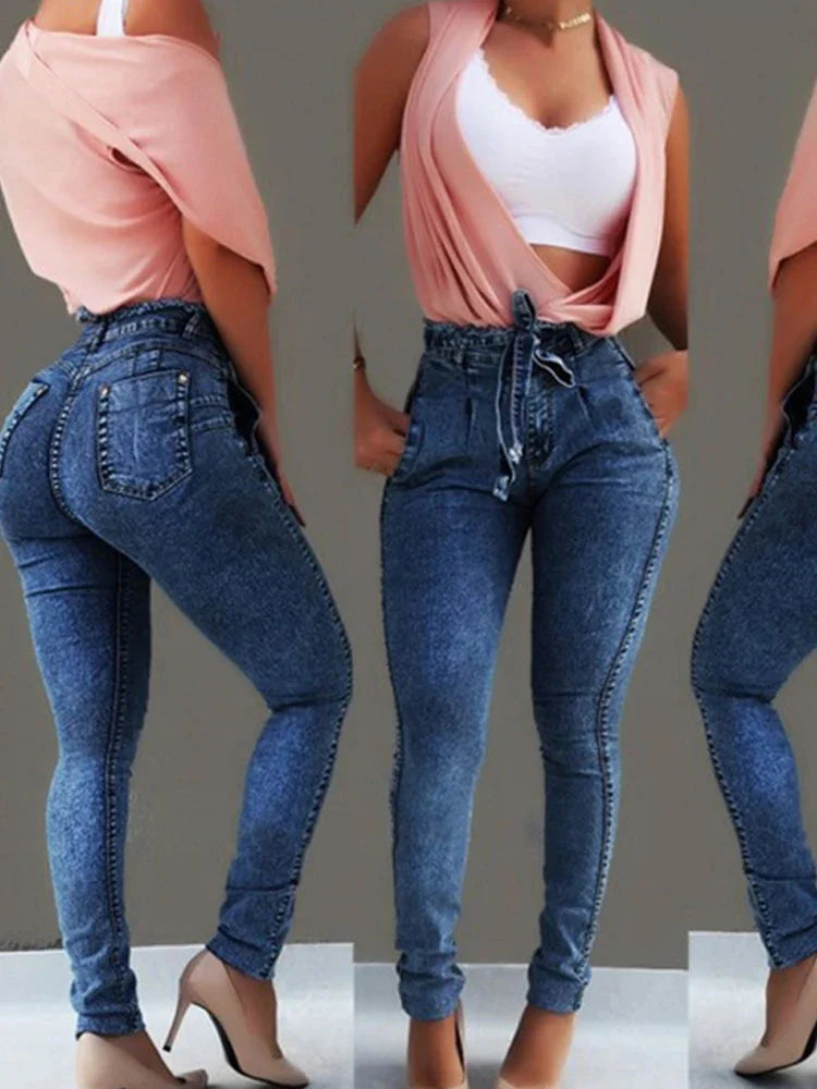 High Waist Jeans For Women Slim Stretch Denim Jean Bodycon Tassel Belt Bandage Skinny Push Up Jeans Woman clothe 4XL 5XL SHOWLU FASHION STORE