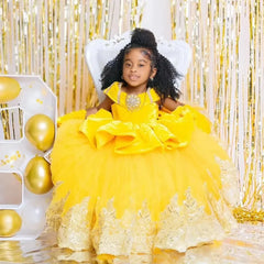 Yellow Flower Girl Dresses For Wedding Lace Appliques Tulle Puffy Princess Girl Birthday Dresses for Photoshoot Customized