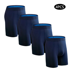 A set of four navy blue long-leg cotton boxer shorts for men with elastic waistbands.