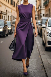 A sleeveless, ankle-length purple dress with an O-neck and a fitted waist.
