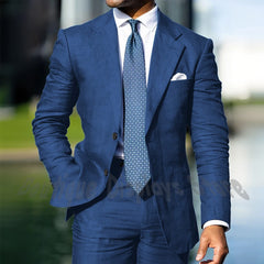 Blue Linen Single Breasted Men Suit Two Pieces(Jacket+Pants) Outfits Casual Party Prom Wedding Set