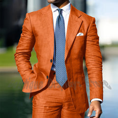 Blue Linen Single Breasted Men Suit Two Pieces(Jacket+Pants) Outfits Casual Party Prom Wedding Set