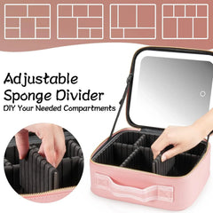 A pink makeup travel case with an LED mirror and adjustable sponge dividers for organization.