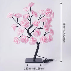 A pink rose tree lamp with 24 LED lights on a black base, measuring 45cm tall and 13cm wide.