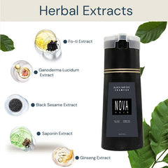 A bottle of Nova black hair dye shampoo is displayed alongside illustrations of its herbal extracts.