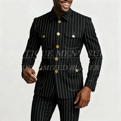 Elegant Pinstripe Men's Suits Fashion Single Breasted Stand Lapel Slim Fit Male Clothing Customzied 2 Piece Jacket Pants Sets