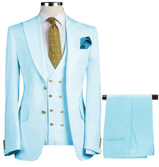 A light blue three-piece suit featuring a double-breasted vest, gold buttons, and a gold tie.
