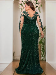 O Neck Illusion Long Sleeve Evening Party Dress Lace Flowers Sequin Mesh Floor Length Prom Gown Elegant Women Plus Size SHOWLU FASHION STORE