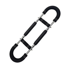An adjustable spring arm exerciser with black foam-covered handles and a metal frame.