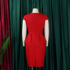A red knee-length sheath dress with short sleeves, a round neckline, and a peplum waist detail.