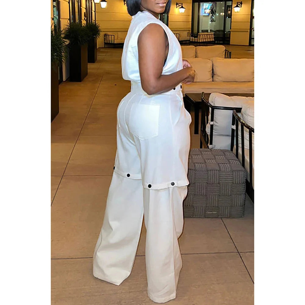 Plus Size Casual Pant Set White Round Neck Detachable Two Piece Pant Set With Pocket SHOWLU FASHION STORE