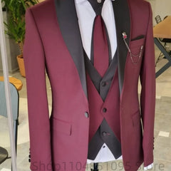 Men's Solid Slim Fit 3-Piece Business Suit Set with Blazer Vest And Pants for Wedding Party Luxury Fashion Tuxedo