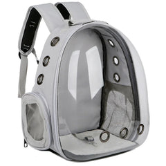 A light gray pet backpack carrier with a transparent front shell and multiple ventilation holes.