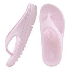 A pair of light pink, thick-soled EVA flip-flops shown from the side and top angles.