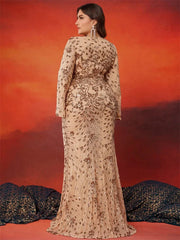 Lucyinlove Plus Size Luxury Gold Evening Dresses Women 2024 Long Sleeve Mermaid Formal Sequins Prom Wedding Party Cocktail Gowns SHOWLU FASHION STORE