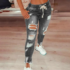 Stretchy Ripped Hole Jeans Women 2024 Straight Denim Trousers Female High Waist All-Match Casual Denim Pants New Streetwear SHOWLU FASHION STORE