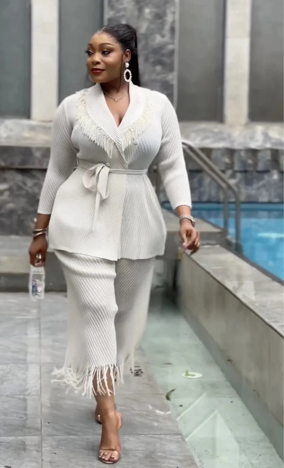 Miyake Folds Fall/Winter 2024 New Fringe Suit Lapel Lace-up Coat With Straight Skirt Two-piece Set SHOWLU FASHION STORE