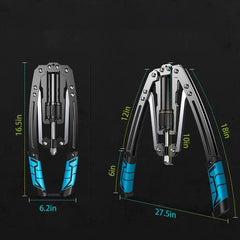 An adjustable hydraulic power twister arm exerciser shown in closed and open positions with dimensions.