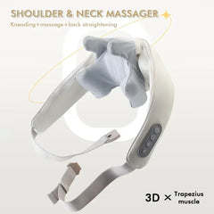 A white wearable shoulder and neck massager with a control panel on the strap.