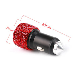 A red rhinestone-encrusted car charger with a safety hammer tip, measuring 65mm by 25mm.
