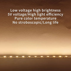 Flexible USB LED strip light in warm white from Showlu Smart General, showcasing the 5V tape with illuminated LEDs.