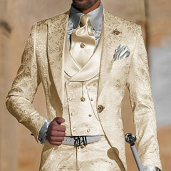 Jacquard men's 3-piece suit including tuxedo jacket, pants, and vest, slim fit formal wedding and groom party attire.