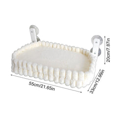 A white plush cat window perch with suction cups, measuring 55 centimeters by 33 centimeters.