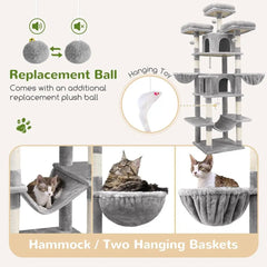 An 80-inch tall grey cat tree featuring multiple perches, a hammock, hanging baskets, and toys.