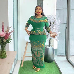 African Party Dresses for Women Plus Size Dashiki Diamond Bodycon Maxi Long Dress Elegant Turkey Muslim Wedding Evening Gown