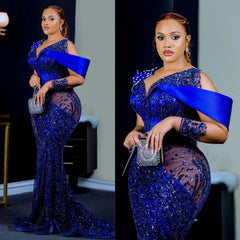 Customized Royal Blue Aso Ebi Prom Dresses Long Sleeves Mermaid Beaded Lace Formal Evening Gowns Illusion Engagement Dresses SHOWLU FASHION STORE