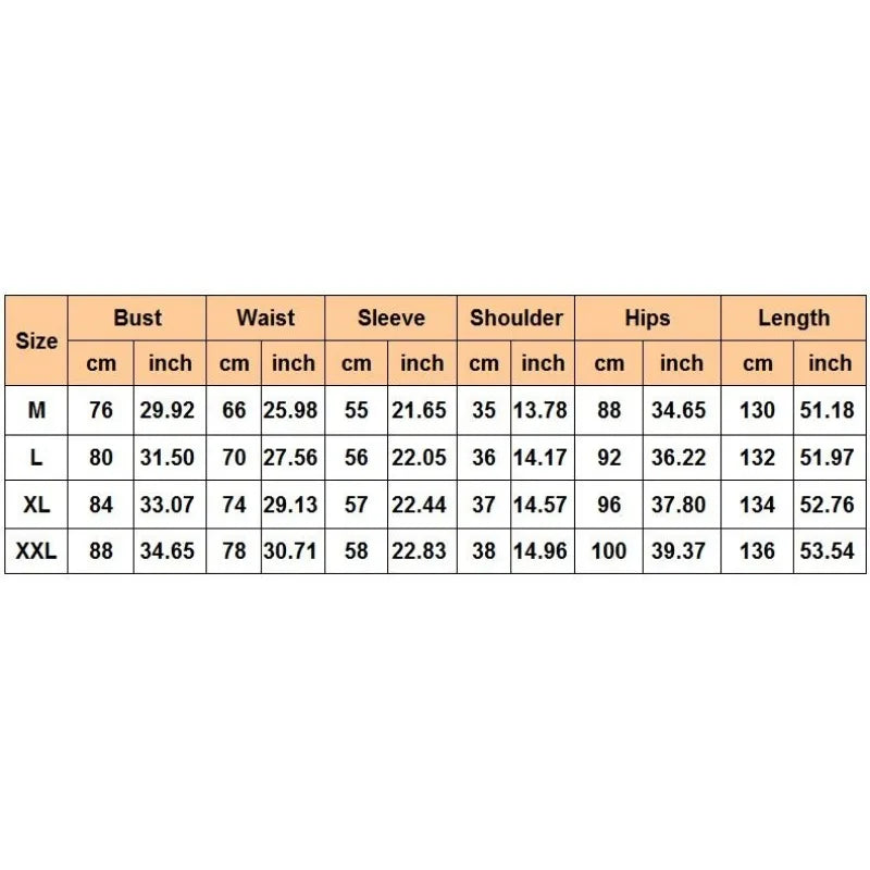 A size chart table for women's African dresses showing measurements in centimeters and inches.