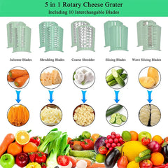 5 in 1 Rotary Cheese Grater with Handle Kitchen Vegetable Cutter Slicer Round Mandoline Drum Slicer with Suction Base JT435