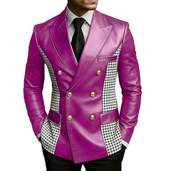 Men’s Brown Leather Blazer With Houndstooth Sides Vintage Two-Tone Double Breasted Slim Fit Gold Buttons Leather Tuxedo Jacket