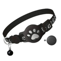 A black cat collar with a paw-shaped tracker holder, a small bell, and a separate GPS device.