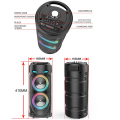 A portable cylindrical Bluetooth speaker with LED lights, measuring 410mm by 166mm.