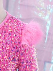 Cute Stylish Girls Pink Sequined Round-Neck Ceremonial Dress Spring Autumn Fashionable Kids' Special Occasion Outfit