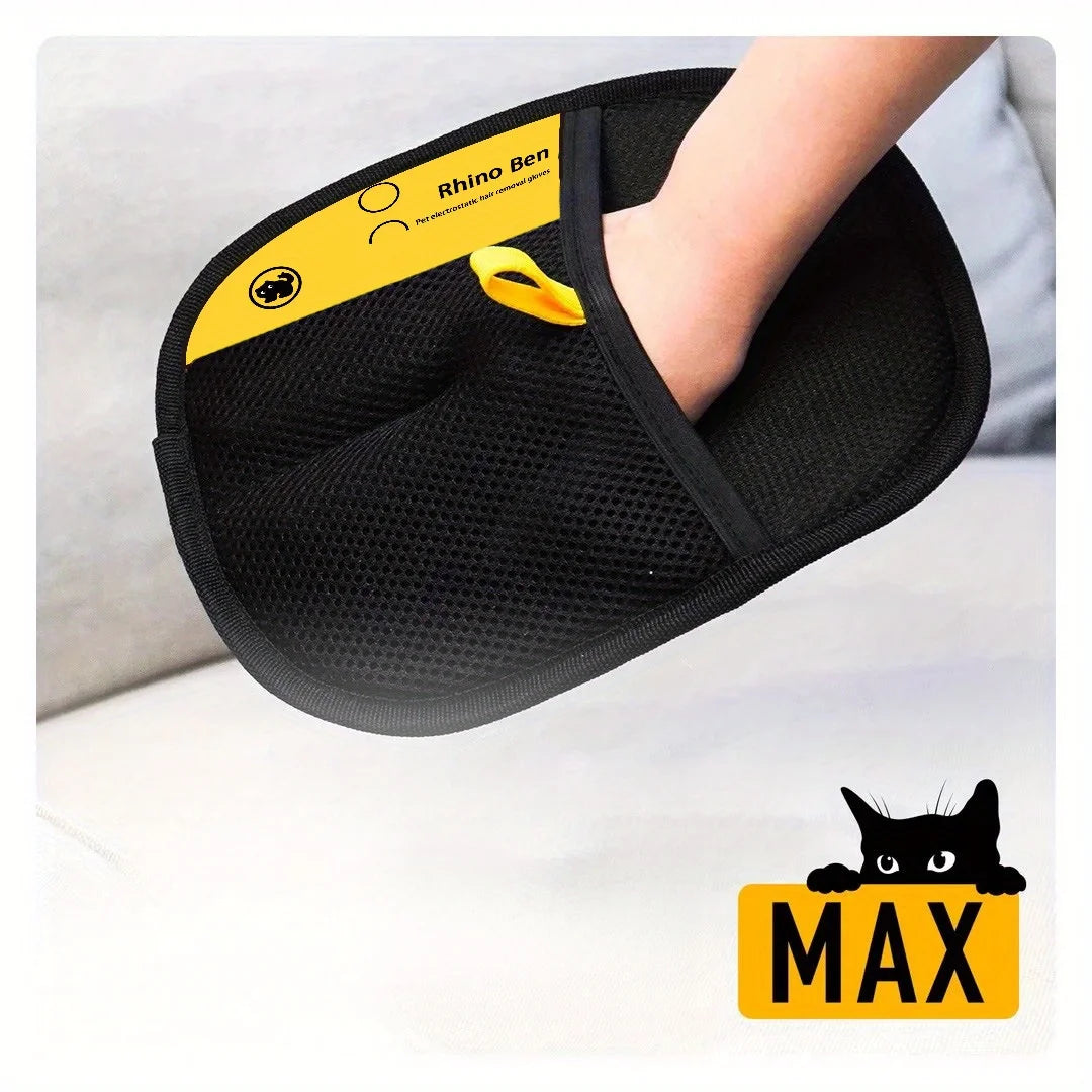 A hand wears a black mesh pet hair removal glove with a yellow branded label.