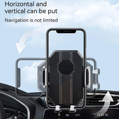 A universal car phone holder mounted on a dashboard, shown rotating between portrait and landscape.