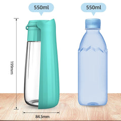 A teal portable pet water bottle with a built-in drinking bowl next to a standard water bottle.