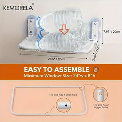 A foldable cat window hammock with an iron frame and suction cups, measuring 52 by 30 centimeters.