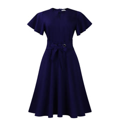 A solid navy blue midi dress with short flutter sleeves, a V-neckline, and a tie-waist belt.