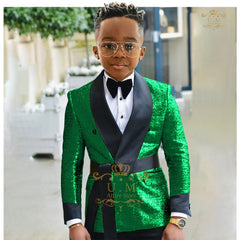 Boys' shiny suit 2-piece set (jacket+pants) gold sequin shawl lapel waistband custom children tuxedo for wedding banquet party
