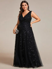 A plus size black sleeveless A-line evening dress with a V-neck and sequin leaf patterns.