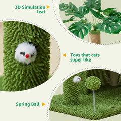 A green cat scratching post featuring a plush toy, a spring ball, and decorative leaves.
