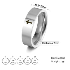 A silver stainless steel ring featuring a black cross design with size and dimension details.