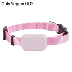 A pink pet collar featuring a small rectangular GPS tracker with a paw print design.